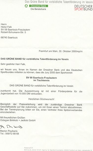 Die Dresdner Bank gratuliert zum Gewinn des Grünen Bandes